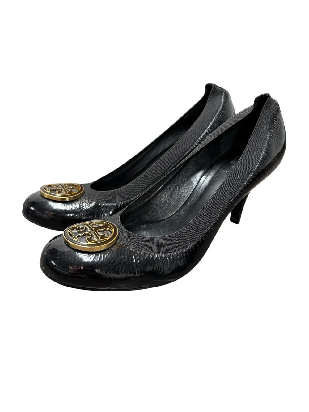 Tory Burch TB Caroline Patent Leather Round Toe Mid Heels Black 7.5